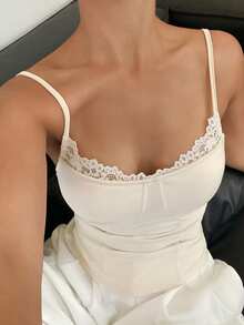 DAZY Lace Patchwork Camisole Top With Built-In Padded Bra For Women - Beige - View 7
