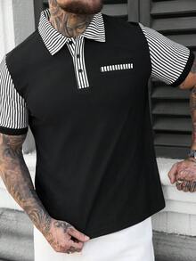 Manfinity CasualCool Men's Colorblock Striped Print Button Casual Short Sleeve Polo Shirt Golf Shirt For Men Mens Clothes Outfits Polo Shirt For Men Casual Polo Blouse For Men Retro Outfit For Men - Black - View 5
