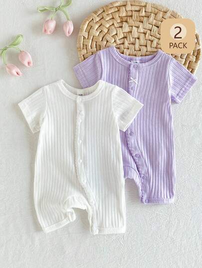 SHEIN Playful Pals 2pcs/Set Newborn Baby Girl Jumpsuit, Bowknot Front, Comfortable Ribbed Short Sleeve Romper, White & Pink, Cotton Moisture-Wicking, Suitable For Indoor And Outdoor Wear, Summer Newborn Outfits Short Sleeve Baby Romper Infant Summer Clothes Baby Summer Romper Baby Casual Romper Baby Romper Girl Breathable