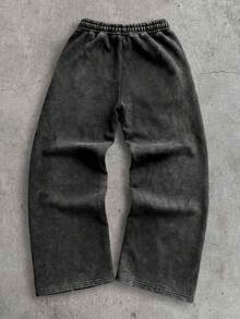 AXEPEAK 男士字母印花做旧抽绳腰休闲百搭日常运动裤 - 黑色 - 查看 6