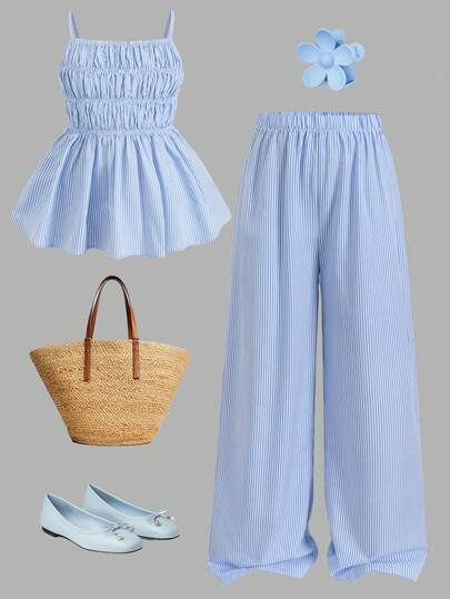 SHEIN Conjunto de top corto sin mangas con volantes en el bajo y pantalones para niñas preadolescentes de estilo casual