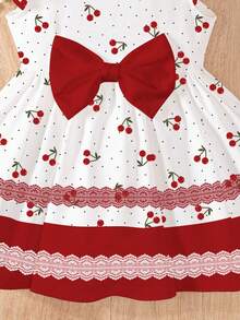 SHEIN 可爱女宝宝樱桃印花，甜美蝴蝶结卡通印花时尚长袖连衣裙，适合秋冬季、春夏穿着，波点图案，舒适夏季风格，红色连衣裙，Y2K风格，度假风 - 彩色 - 查看 5