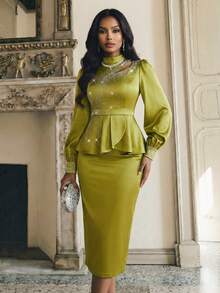 Anewsta 女士优雅简约水钻装饰长袖高领收腰镂空上衣+长裙两件套 - 綠色 - 查看 4