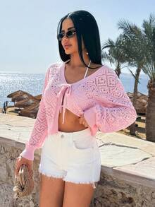 SHEIN Spring Lightweight Knitted Tie-Front Cardigan With Textured Diamond Pattern, Soft Baby Pink Color, Feminine Chic Layering Essential - Red - View 6