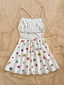 Soleia 女士度假风蓝白碎花露背吊带A字迷你连衣裙，适合秋冬季叠穿，派对装 - 彩色 - 查看 2