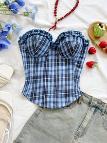 Soleia Women's Summer Casual Vacation Style Patterned Print Frill Trim Fitted Criss-Cross Back Tube Top - Blue - View 5