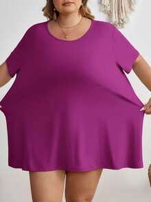 SHEIN CURVE+ 大码休闲纯色短袖T恤，夏季 - 中紫紅色 - 查看 7
