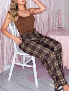 Women's Retro Casual Ins Plaid Print & Comfortable Button Knit Pajama Set - Brown - View 3