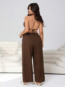 SHEIN EZwear Bộ đồ 2 mảnh cỡ lớn, màu trơn, kiểu áo yếm hở lưng và quần. - màu nâu - Xem 3