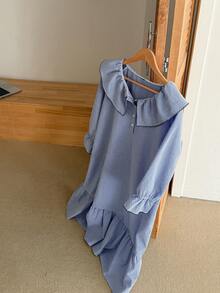 DAZY Lovely Contrast Color Ruffle Embroidered Hem Midi Nightgown For Women Pajamas - Blue - View 5