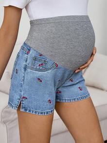 SHEIN Maternity Women's Cherry Embroidery Denim Shorts, Navy Blue Summer Casual Versatile Daily Patchwork Ribbed Belly Band Comfortable Chic Y2k Streetwear - Blue - View 8