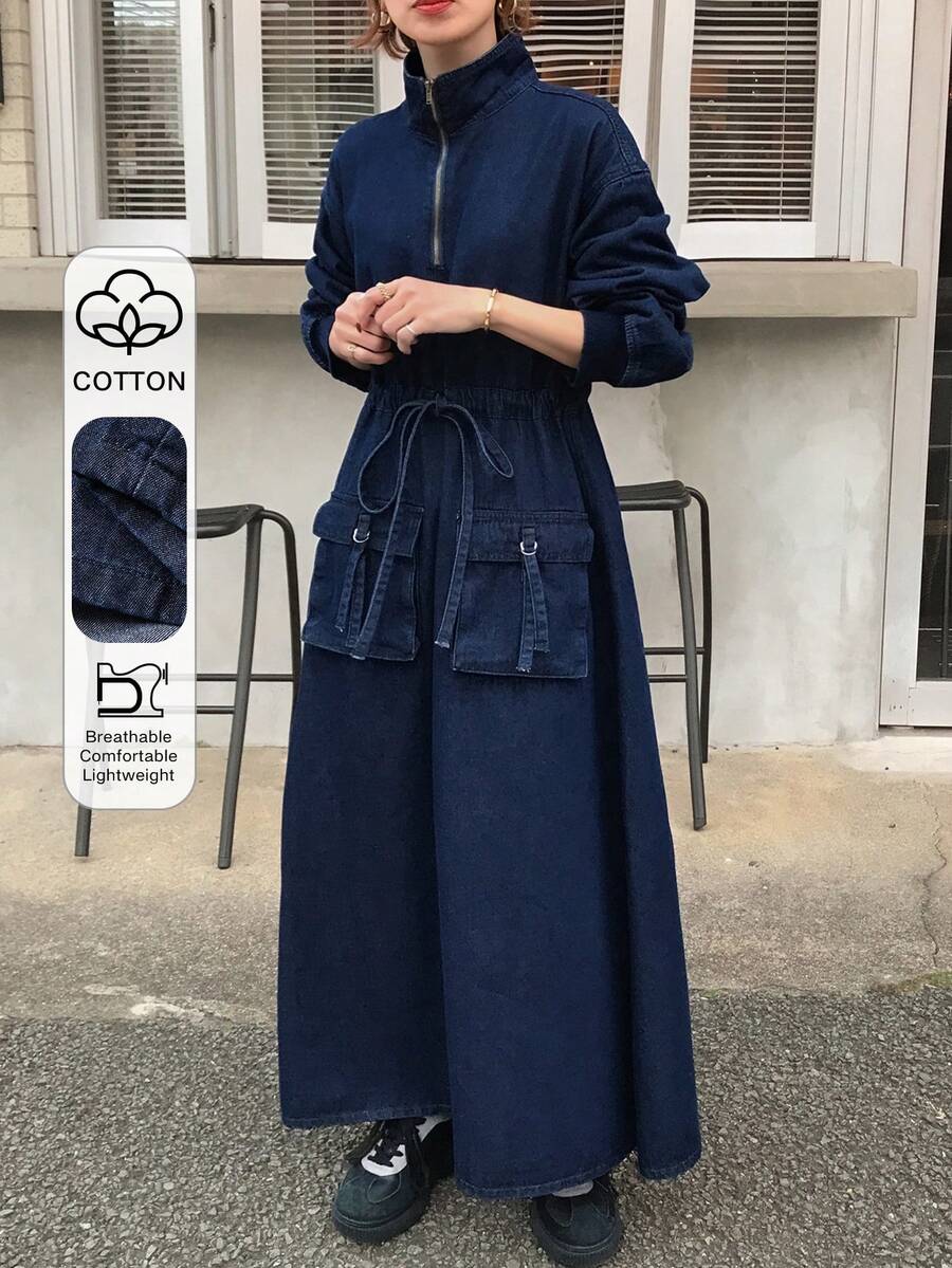 FRIFUL Women's Drop Shoulder Long Sleeve Zip Front Belted Waist Utility Pocket Casual Denim Dress Maxi Dress - Blue - View 1