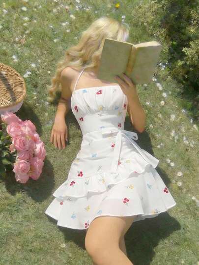 SHEIN MOD Vestido mini de mujer con escote halter, cintura con lazo, volantes en el bajo y bordado floral para vacaciones de verano