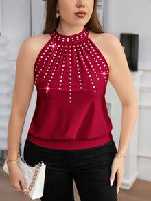 SHEIN Clasi Plus Size Rhinestone Decor Red Sleeveless Tank Top - Burgundy - View 4