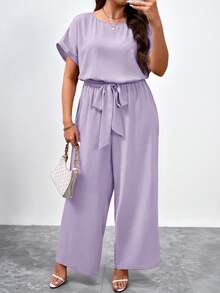 SHEIN Clasi Elegant jumpsuit i plusstorlek med rund halsringning, midjebälte och vida ben - Lila - Visa 3