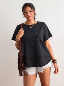 Freevana Áo thun cỡ lớn, màu trơn, cổ tròn, tay ngắn, dáng rộng, thoải mái, đa năng, thích hợp cho mùa hè. - màu đen - Xem 6