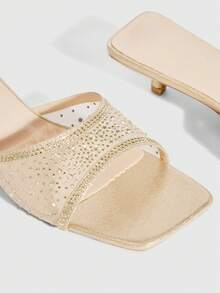 CUCCOO SZL Fashionable Square Toe Kitten Heel Beige Mesh Rhinestone Slip-On Open Toe Dress Sandals, Elegant Sexy Party Occasion Mid-Heel Mule Slides For Women - Beige - View 6