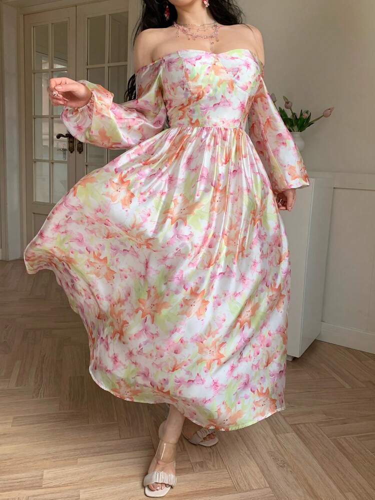 Spring & Summer Off Shoulder Ditsy Floral Chiffon Dress, Elegant For Valentine's Day, Wedding, Party, Casual, Vacation, Waist Cinched Short Sleeve Midi Dress For Women Sundress Boho