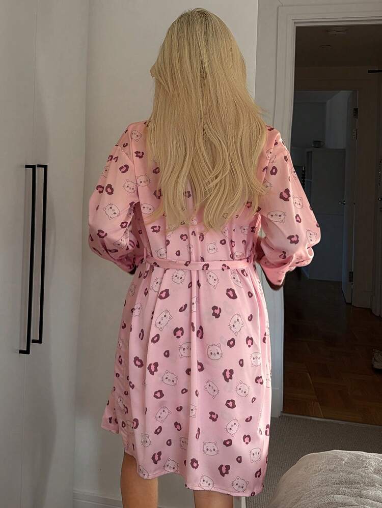 Leopard And Cartoon Cat Print Contrast Lace Trim Belted Robe & Cami Sleep Dress Pajama Set