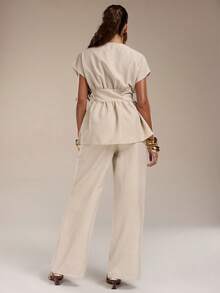 Normani 新款优雅休闲通勤杏色竹纤维针织V领开衫，配腰带和高腰直筒阔腿裤套装 - 杏色 - 查看 2