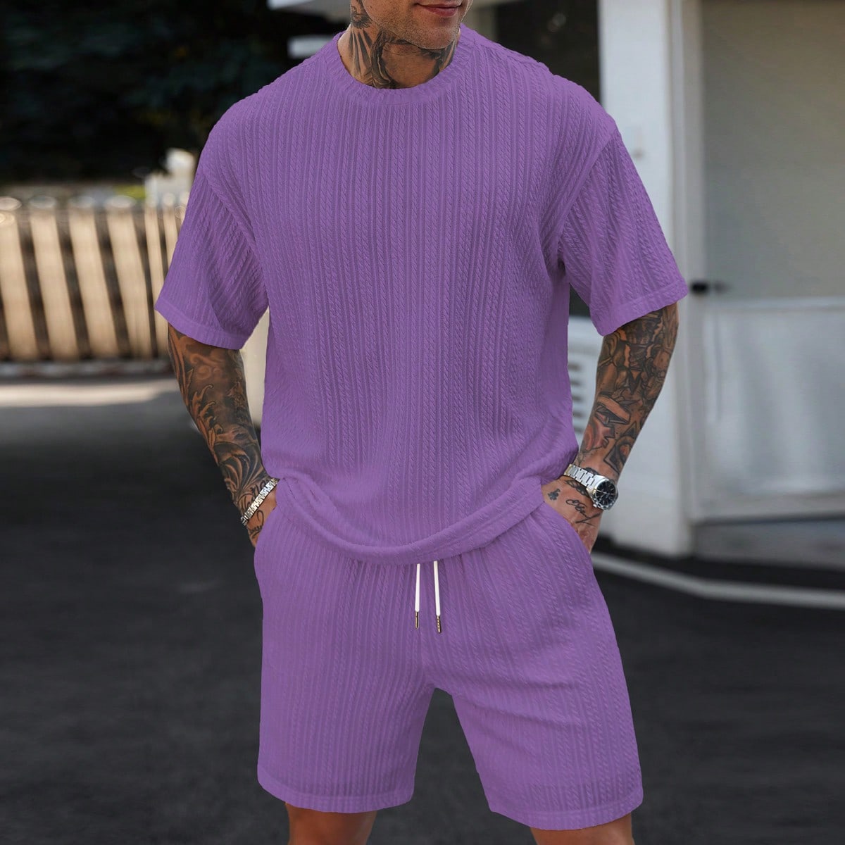 Conjunto de camiseta casual de manga corta de hombro caído y textura suelta de unicolor para hombre
