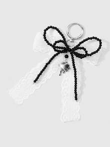 ROMWE Kawaii 1 Acessório Personalizado Estilo Gótico Casual Retrô Y2k, Feito à Mão com Contas Pretas de Resina Redonda, Renda Branca Multicamadas, Laço, Strass Líquido Cercando Pingente de Amor, Anel Simples, Chaveiro, Adequado para Uso Diário de Meninas e Mulheres, Presente de Feriado - Preto e Branco-21 - Visão 7
