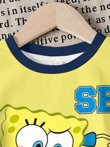 SpongeBob SquarePants | SHEIN 男童圆领撞色短袖卡通可爱印花夏季T恤套装 - 白色 - 查看 5