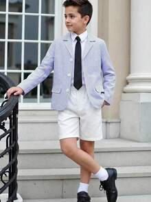 SHEIN Holiday 2pcs Young Boys Lapel Cardigan Jacket And Elastic Waist Shorts Set,Suitable For Birthday Party,Christmas,Wedding,Performance,Graduation - Blue - View 9