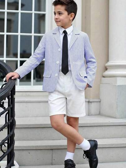 SHEIN Bộ 2 món áo khoác cardigan cổ bẻ và quần short cạp chun cho bé trai tuổi teen, thích hợp cho tiệc sinh nhật, tiệc Giáng sinh, lễ rửa tội, lễ kỷ niệm sinh nhật, tiệc tối, biểu diễn, đám cưới, tiệc mừng em bé chào đời, lễ tốt nghiệp.