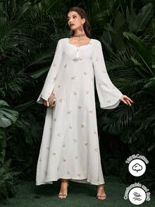 Al Najma Elegantes weißes Kleid mit Herzausschnitt, bunter Stickerei und Glockenärmeln, Frühling/Sommer - Weiss - Übersicht 7