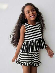 Maija Kids 2pcs/Set Young Girl Striped Vest And Shorts Set - Black and White - View 6