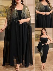 SHEIN Clasi Plus Size Women Shiny Batwing Sleeve Cardigan And Slip Dress Elegant 2 Pieces Set Modest Sets - Black - View 1