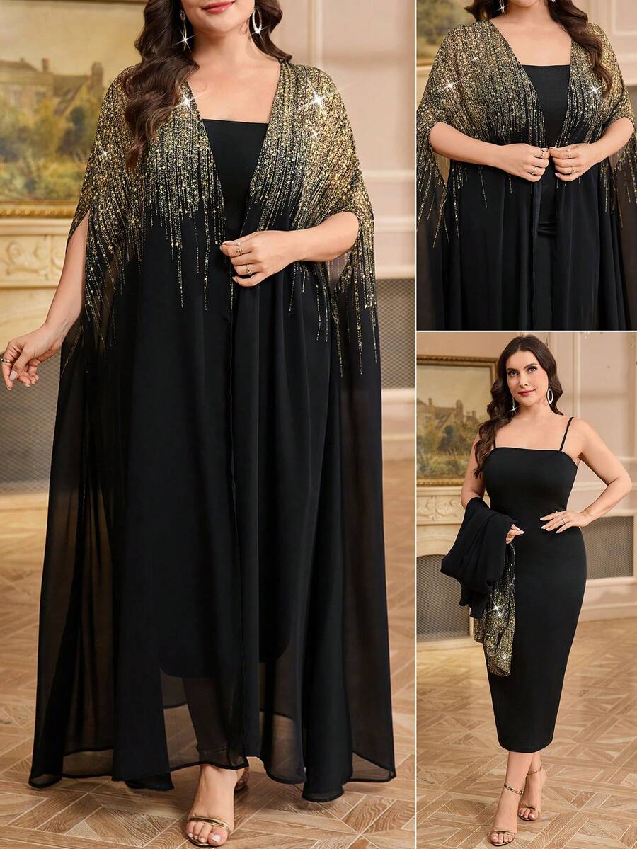 SHEIN Clasi Plus Size Women Shiny Batwing Sleeve Cardigan And Slip Dress Elegant 2 Pieces Set Modest Sets - Black - View 1