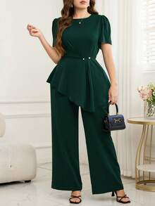 Bộ đồ 2 món cỡ lớn, thanh lịch, màu trơn, vạt áo bất đối xứng, thích hợp đi làm. - màu xanh lá - Xem 1