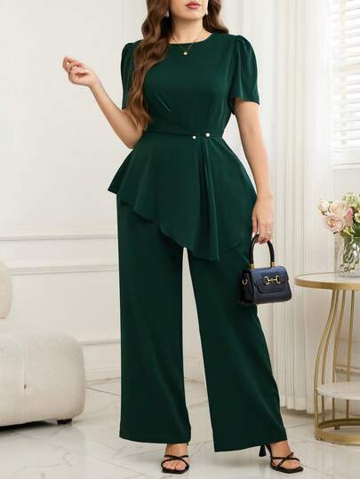 Reflora Plus Size Elegant Commuter Solid Color Asymmetric Hem Shirt And Pants 2 Pieces Set