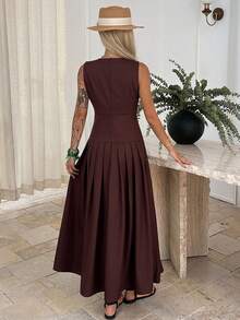 Livesso 优雅褶裥腰身中长连衣裙，适合夏季办公室和通勤穿着 - 咖啡棕 - 查看 2