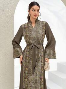Al Najma 新款優雅珠飾刺繡拼接收腰洋裝，高端正式派對節日穿搭 - 棕色 - 查看 4