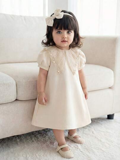 Baby Girl Round Neck Faux Pearl Decor Casual Party Holiday Puff Sleeve Dress