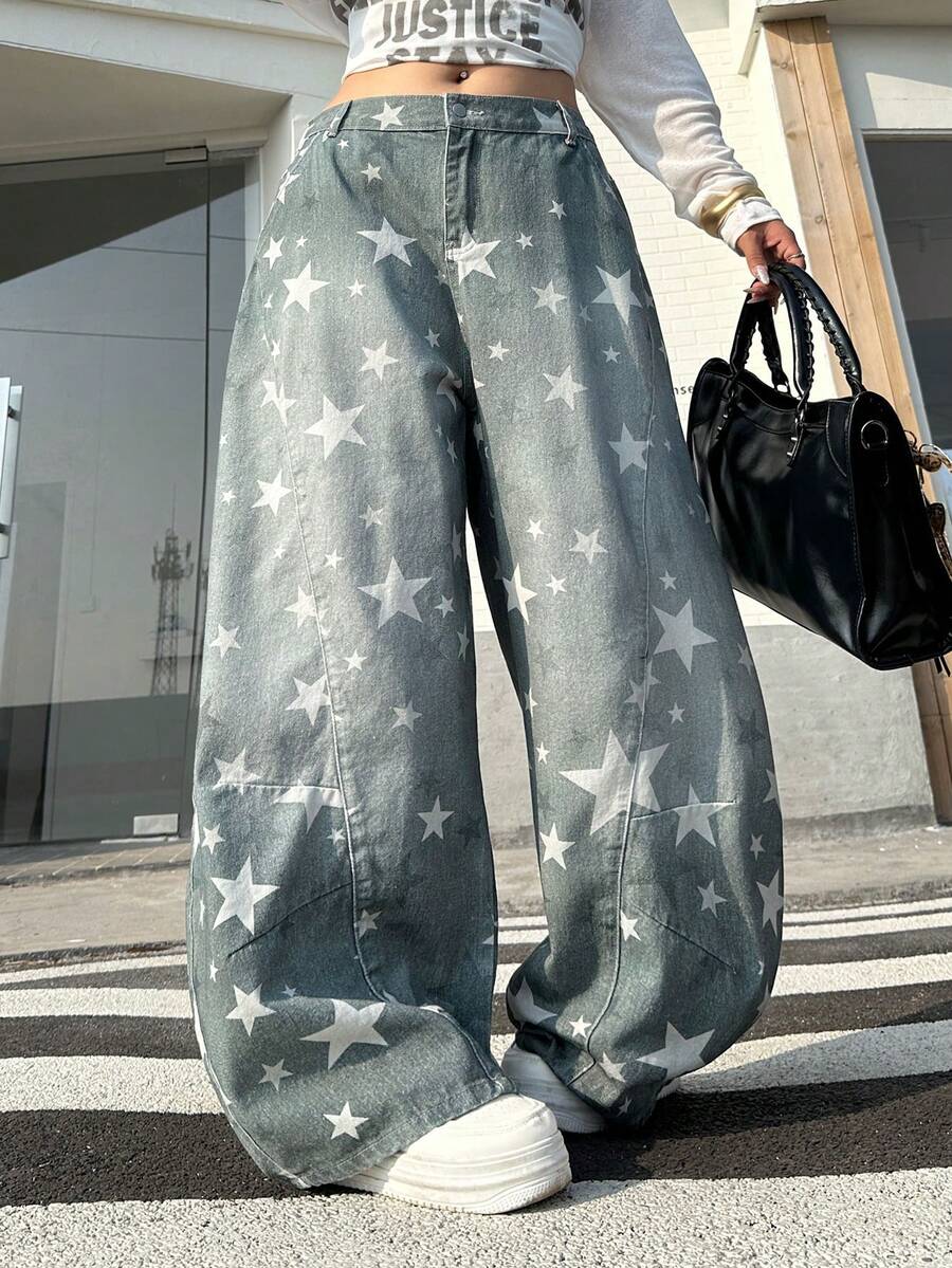 Muchica Plus Size Casual Star Print Button Pants - Multicolor - View 1