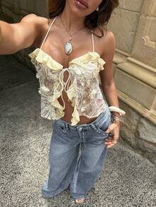 Aloruh Top de tirantes cruzados con espalda descubierta, bordado, con volantes y lentejuelas, para mujer. Primavera/Verano - Amarillo - Ver 6