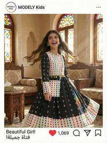 Tween Girl' Retro Print Long Sleeve Mid-Length Shift Dress - Multicolor - View 1