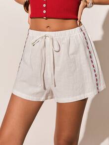Poéselle Women's Casual Elastic Waist Drawstring Loose Summer Shorts - White - View 8