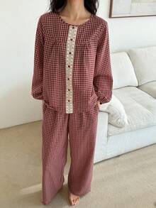 DAZY 2pcs Women Plaid Lace Patchwork Loose Cardigan Long Sleeve Lantern Sleeve & Straight Leg Loose Long Pants Pajama Set, Spring - Red - View 5