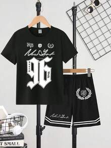 Ensemble tee-shirt et short pour garçons pré-adolescents, style décontracté et créatif pour le printemps et l'été. Design rafraîchissant avec numéro 96, pentagramme, rayures et slogans. Confortable pour le port quotidien, idéal pour les saisons printemps, été et automne. - Multicolore - Voir 6