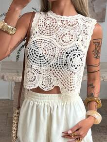 DAZY Áo tank top croptop nữ họa tiết hoa móc rỗng, thiết kế độc đáo, trang phục nghỉ dưỡng cao cấp. - Màu be - Xem 7