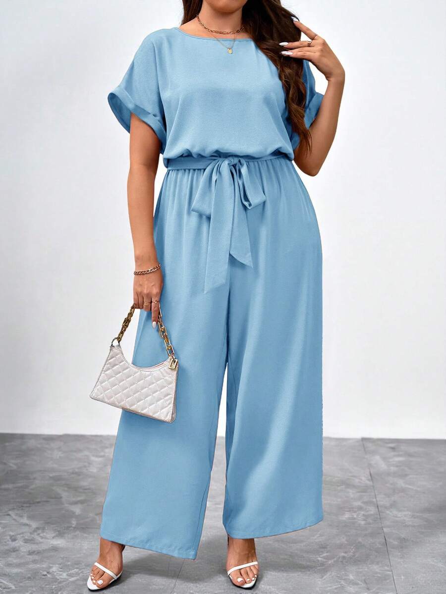 SHEIN Clasi Plus Size Elegant Round Neck Jumpsuit With Waist Belt And Wide Leg - Baby Blue - View 1