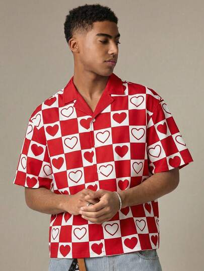 SWAVVY Men's Casual Everyday Commute Romantic Valentine's Day Heart Checkerboard Print Loose Fit Shirt, Summer