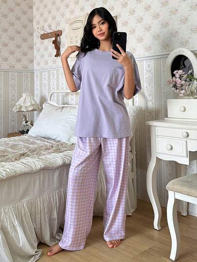 DAZY Teen Girl Solid Color Round Neck Short Sleeve Pocket Top And Plaid Pants Pajama Set