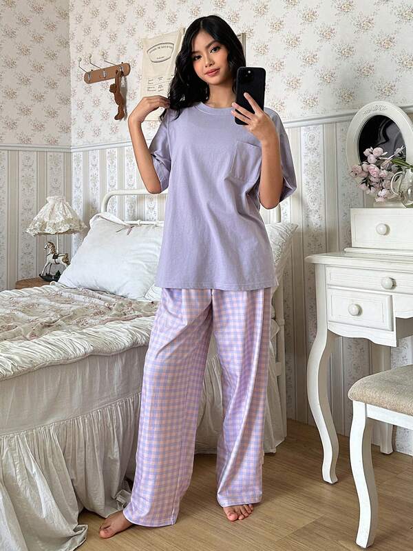 DAZY Teen Girl Solid Color Round Neck Short Sleeve Pocket Top And Plaid Pants Pajama Set