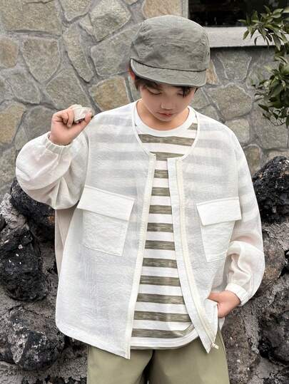 DAZY 男童纯色长袖拉链实用口袋休闲外套